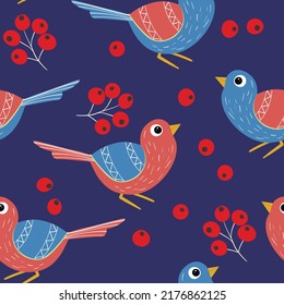 Seamless pattern with funny colorful birds, flowers, leaves and berries. Color flat vector illustration with little cartoon bird. Cute characters. Design for invitation, poster, card, textile, fabric.