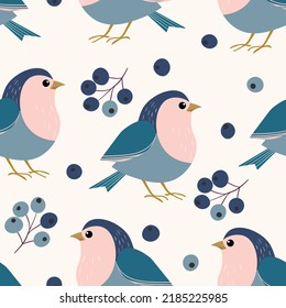 Seamless pattern with funny colorful birds, flowers, leaves and berries. Color flat vector illustration with little cartoon bird. Cute characters. Design for invitation, poster, card, textile, fabric.