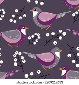 Seamless pattern with funny colorful birds, flowers, leaves and berries. Color flat vector illustration with little cartoon bird. Cute characters. Design for invitation, poster, card, textile, fabric.