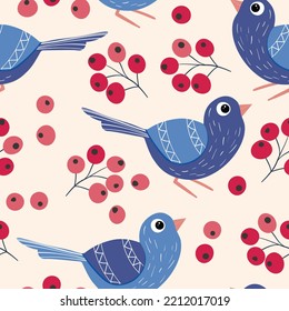 Seamless pattern with funny colorful birds, flowers, leaves and berries. Color flat vector illustration with little cartoon bird. Cute characters. Design for invitation, poster, card, textile, fabric.