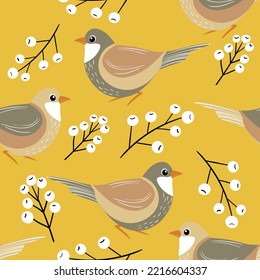 Seamless pattern with funny colorful birds, flowers, leaves and berries. Color flat vector illustration with little cartoon bird. Cute characters. Design for invitation, poster, card, textile, fabric.
