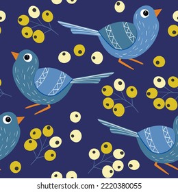 Seamless pattern with funny colorful birds, flowers, leaves and berries. Color flat vector illustration with little cartoon bird. Cute characters. Design for invitation, poster, card, textile, fabric.