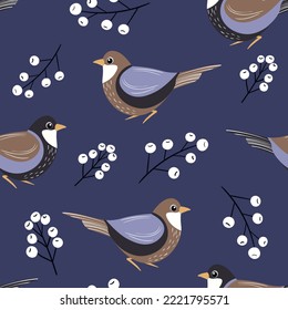 Seamless pattern with funny colorful birds, flowers, leaves and berries. Color flat vector illustration with little cartoon bird. Cute characters. Design for invitation, poster, card, textile, fabric.