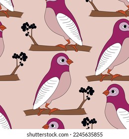 Patrón sin foco con divertidos pájaros coloridos, flores, hojas y bayas. Ilustración del vector plano de color con un pequeño pájaro caricaturista. Caracteres de corte. Diseño para invitación, afiche, tarjeta, textil, tela.