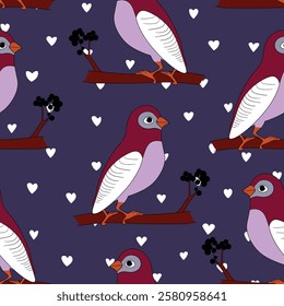 Seamless pattern with funny colorful birds, flowers, leaves and berries. Color flat vector illustration with little cartoon bird. Cute characters. Design for invitation, poster, card, textile, fabric.