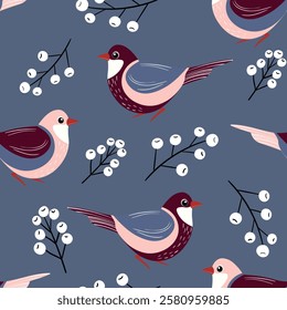Seamless pattern with funny colorful birds, flowers, leaves and berries. Color flat vector illustration with little cartoon bird. Cute characters. Design for invitation, poster, card, textile, fabric.