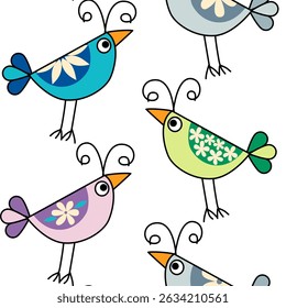 Seamless pattern with funny colorful birds with flowers on white background. Could be used as texture, print, wallpaper, card. 