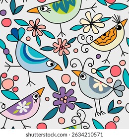 Seamless pattern with funny colorful birds, surrounded by pink flowers and green leaves on white background. Could be used as texture, print, wallpaper, card. 