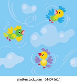 Seamless pattern with funny colorful birds or small parrots in the sky between the clouds
