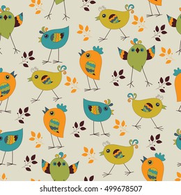 Seamless pattern with funny colorful birds and branches. EPS10 vector illustration.