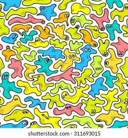 seamless pattern with funny colorful bright blots-monsters, childish halloween design, vector illustration eps8