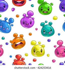 Seamless pattern with funny colorful bubble characters on white background, vector childish texture