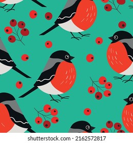 Seamless pattern with funny colorful bullfinch birds, flowers and berries. Color flat vector illustration with little cartoon bird. Cute characters. Design for invitation, card, textile, fabric.