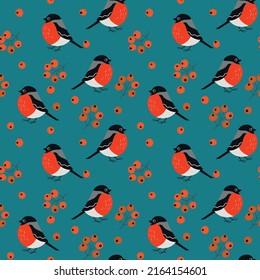 Seamless pattern with funny colorful bullfinch birds, flowers and berries. Color flat vector illustration with little cartoon bird. Cute characters. Design for invitation, card, textile, fabric.