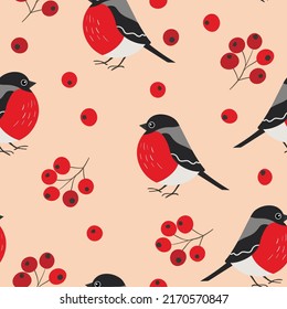 Seamless pattern with funny colorful bullfinch birds, flowers and berries. Color flat vector illustration with little cartoon bird. Cute characters. Design for invitation, card, textile, fabric.