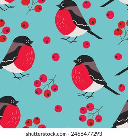Patrón sin fisuras con divertidos pájaros de pinzón, flores y bayas. Ilustración vectorial plana de color con pequeño pájaro de dibujos animados. Lindos personajes. Diseño para invitación, tarjeta, textil, tela.