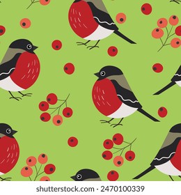 Seamless pattern with funny colorful bullfinch birds, flowers and berries. Color flat vector illustration with little cartoon bird. Cute characters. Design for invitation, card, textile, fabric.