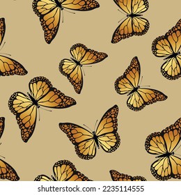 Seamless pattern with funny colorful Butterflies, flowers. Color flat vector illustration for invitation, poster, card, textile, fabric. Butterfly graphic design print. Trendy animal motif wallpaper.