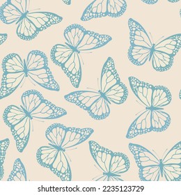 Seamless pattern with funny colorful Butterflies, flowers. Color flat vector illustration for invitation, poster, card, textile, fabric. Butterfly graphic design print. Trendy animal motif wallpaper.