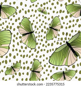 Patrón sin foco con divertidas mariposas coloridas, flores. Ilustración vectorial plana de color para invitación, afiche, tarjeta, textil, tela. Impresión de diseño gráfico de mariposa. Papel de fondo de estilo animal.