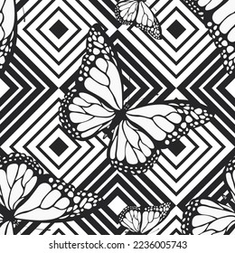 Seamless pattern with funny colorful Butterflies, flowers. Color flat vector illustration for invitation, poster, card, textile, fabric. Butterfly graphic design print. Trendy animal motif wallpaper.