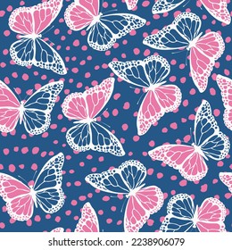 Patrón sin foco con divertidas mariposas coloridas, flores. Ilustración vectorial plana de color para invitación, afiche, tarjeta, textil, tela. Impresión de diseño gráfico de mariposa. Papel de fondo de estilo animal.