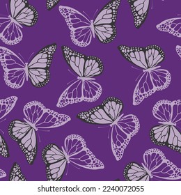 Seamless pattern with funny colorful Butterflies, flowers. Color flat vector illustration for invitation, poster, card, textile, fabric. Butterfly graphic design print. Trendy animal motif wallpaper.