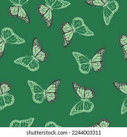 Seamless pattern with funny colorful Butterflies, flowers. Color flat vector illustration for invitation, poster, card, textile, fabric. Butterfly graphic design print. Trendy animal motif wallpaper.