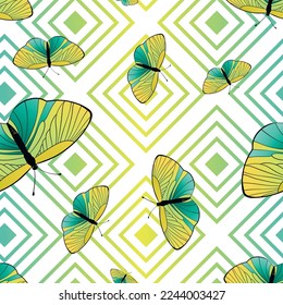 Seamless pattern with funny colorful Butterflies, flowers. Color flat vector illustration for invitation, poster, card, textile, fabric. Butterfly graphic design print. Trendy animal motif wallpaper.