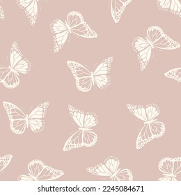 Patrón sin foco con divertidas mariposas coloridas, flores. Ilustración vectorial plana de color para invitación, afiche, tarjeta, textil, tela. Impresión de diseño gráfico de mariposa. Papel de fondo de estilo animal.