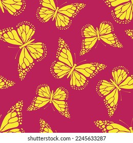 Seamless pattern with funny colorful Butterflies, flowers. Color flat vector illustration for invitation, poster, card, textile, fabric. Butterfly graphic design print. Trendy animal motif wallpaper.
