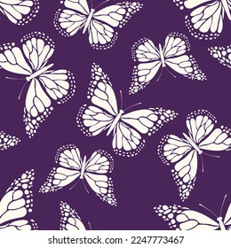 Seamless pattern with funny colorful Butterflies, flowers. Color flat vector illustration for invitation, poster, card, textile, fabric. Butterfly graphic design print. Trendy animal motif wallpaper.