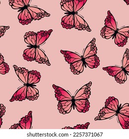 Seamless pattern with funny colorful Butterflies, flowers. Color flat vector illustration for invitation, poster, card, textile, fabric. Butterfly graphic design print. Trendy animal motif wallpaper.