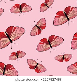 Seamless pattern with funny colorful Butterflies, flowers. Color flat vector illustration for invitation, poster, card, textile, fabric. Butterfly graphic design print. Trendy animal motif wallpaper.