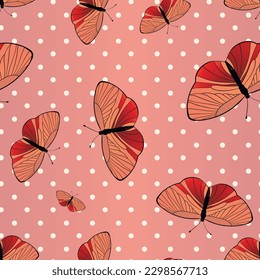 Seamless pattern with funny colorful Butterflies, flowers. Color flat vector illustration for invitation, poster, card, textile, fabric. Butterfly graphic design print. Trendy animal motif wallpaper.