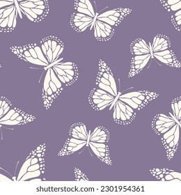 Seamless pattern with funny colorful Butterflies, flowers. Color flat vector illustration for invitation, poster, card, textile, fabric. Butterfly graphic design print. Trendy animal motif wallpaper.