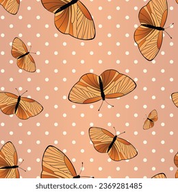 Seamless pattern with funny colorful Butterflies, flowers. Color flat vector illustration for invitation, poster, card, textile, fabric. Butterfly graphic design print. Trendy animal motif wallpaper.