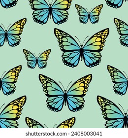 Seamless pattern with funny colorful Butterflies, flowers. Color flat vector illustration for invitation, poster, card, textile, fabric. Butterfly graphic design print. Trendy animal motif wallpaper.