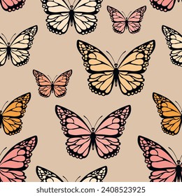 Seamless pattern with funny colorful Butterflies, flowers. Color flat vector illustration for invitation, poster, card, textile, fabric. Butterfly graphic design print. Trendy animal motif wallpaper.