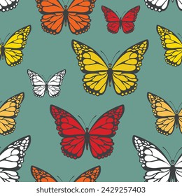 Seamless pattern with funny colorful Butterflies, flowers. Color flat vector illustration for invitation, poster, card, textile, fabric. Butterfly graphic design print. Trendy animal motif wallpaper.