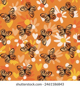 Seamless pattern with funny colorful Butterflies, flowers. Color flat vector illustration for invitation, poster, card, textile, fabric. Butterfly graphic design print. Trendy animal motif wallpaper.