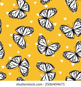 Patrón sin fisuras con divertidas mariposas de colores, flores. Ilustración vectorial plana del color para la invitación, cartel, tarjeta, materia textil, tela. Estampado de Diseño gráfico mariposa. Fondo de pantalla de moda del motivo animal.