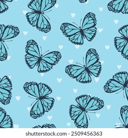 Seamless pattern with funny colorful Butterflies, flowers. Color flat vector illustration for invitation, poster, card, textile, fabric. Butterfly graphic design print. Trendy animal motif wallpaper.