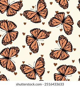 Seamless pattern with funny colorful Butterflies, flowers. Color flat vector illustration for invitation, poster, card, textile, fabric. Butterfly graphic design print. Trendy animal motif wallpaper.