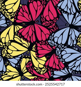 Seamless pattern with funny colorful Butterflies, flowers. Color flat vector illustration for invitation, poster, card, textile, fabric. Butterfly graphic design print. Trendy animal motif wallpaper.