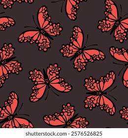 Seamless pattern with funny colorful Butterflies, flowers. Color flat vector illustration for invitation, poster, card, textile, fabric. Butterfly graphic design print. Trendy animal motif wallpaper.
