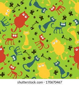 Seamless pattern with funny colorful cartoon cats