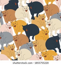 seamless pattern with funny colorful cartoon cats. On white background. Stock vector illustration.