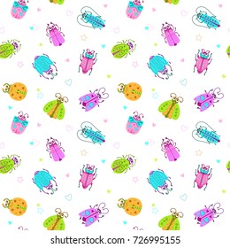 Seamless pattern with funny colorful comic bugs on white background. Decorative childish texture. Vector illustration.