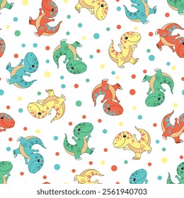 Seamless pattern with funny colorful dinosaurs. Isolated on white background. For children's fabric design, backgrounds, wallpapers, prints, posters, cards, scrapbooking, etc. Vector illustration.